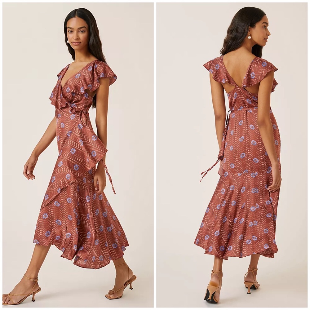Anthropologie Ruffle Sleeve Printed Floral Wrap Maxi Dress
